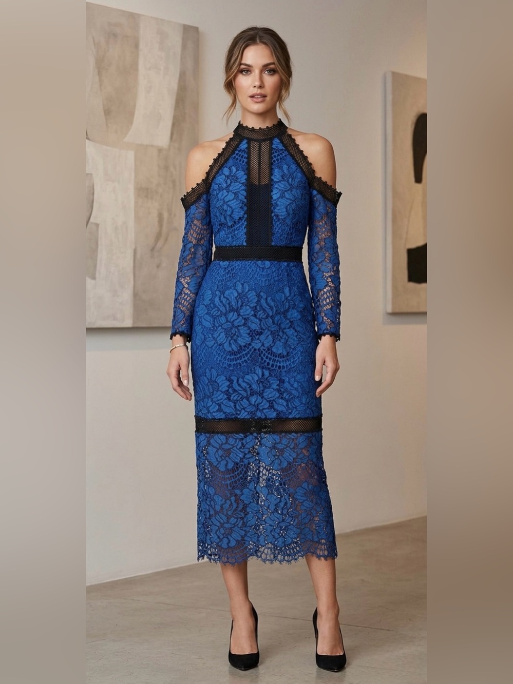 Royal Blue Lace Cold-Shoulder Midi Dress